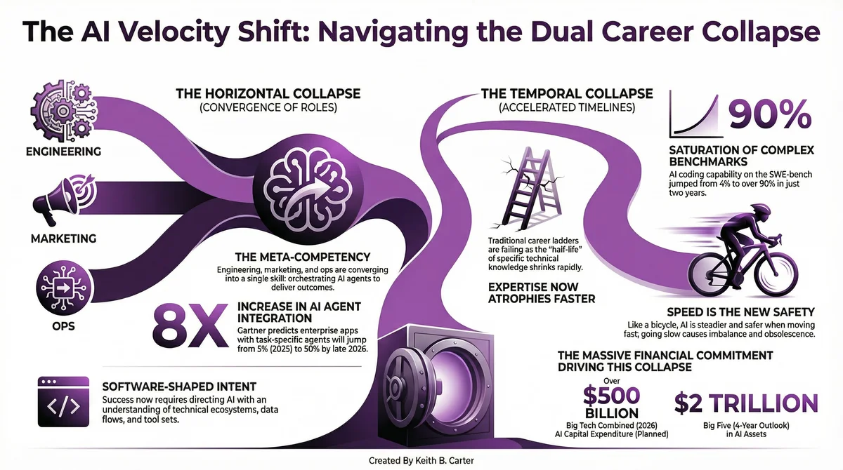 The AI Velocity Shift: Navigating the dual career collapse showing horizontal convergence of roles, temporal compression of timelines, 8x agent integration growth, $500B AI capex, and 90% SWE-bench saturation